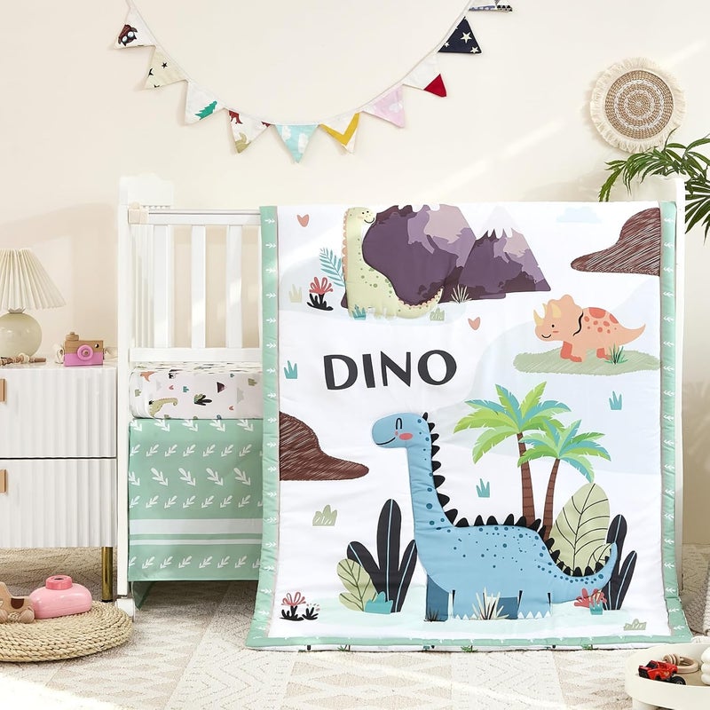 NacoMoco 3-Piece Crib Bedding Set for Boys Girls - Ultra Soft & Skin Friendly Baby Bedding Set Includes Crib Comforter, Sheet & Crib Skirt (Dinosaur) - Image 1